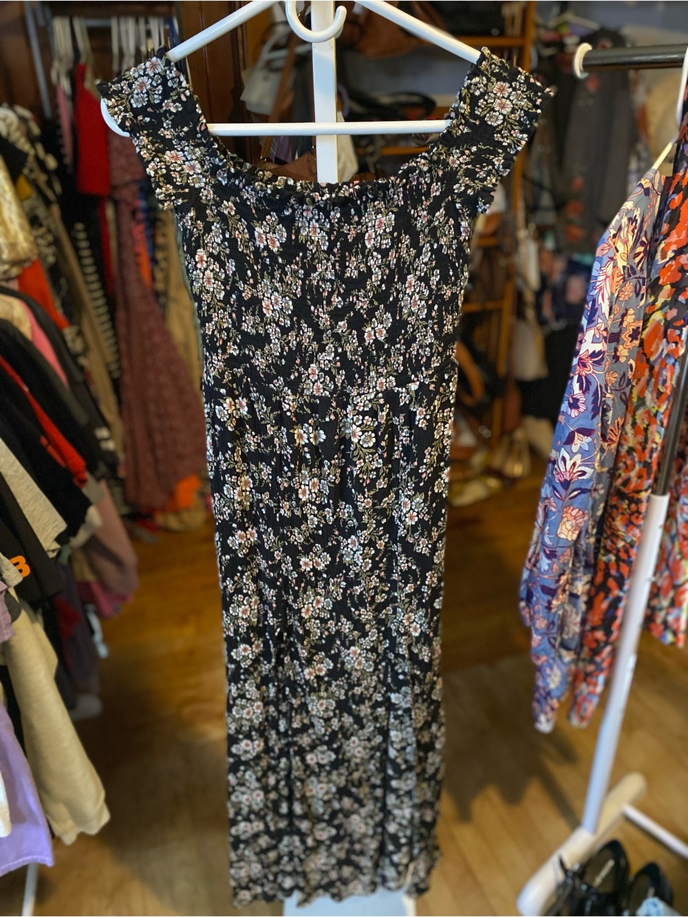 Black Floral Smocked Maxi Dress with double leg slits